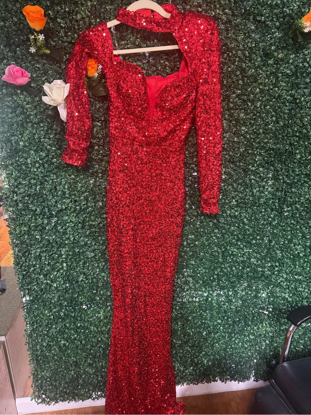 Red Sequin Long-Sleeve Evening Dress